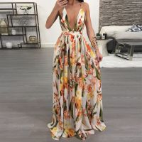 Wanita Gopn Musim Panas Seksi Maxi Boho Cetak Pesta ลึกคอ V Backless Panjang Gaun Vestidos