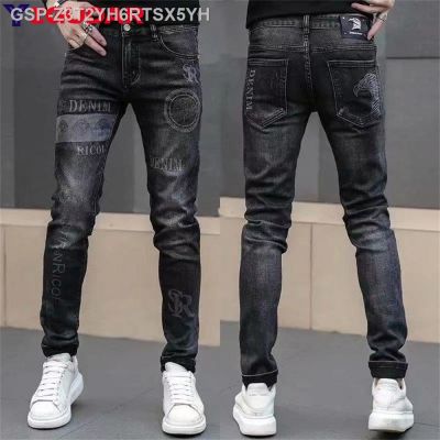 ♨❦Colças De Bim Dos Homens Marca Luxo Ligeiramente Queimado Magro Ajuste Azul Preto Designer Clássico Masculino Estiramente Denim Calças Denim