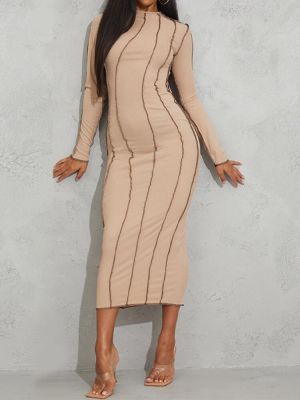 Casual Long Dress For Women 2021 Street Club Elegant Outfits Solid Crew Neck Stripe Long Sleeve Slim Middle Waist Pullover Dress
