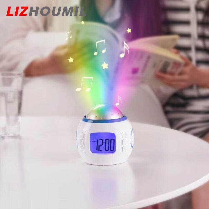 lizhoumil-เพลงในฝันเครื่องฉายท้องฟ้าที่เต็มไปด้วยดวงดาวการฉายนาฬิกาปลุกไฟตั้งโต๊ะสำหรับกลางคืนของขวัญนาฬิกาแบบมีวันที่เด็ก