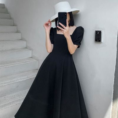 Cherrys Korean Women Black Square Collar Short Sleeve Small Black Skirt Midi Dress