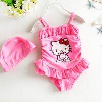 ☍ Kawaii Hello Kitty Bikini 3-6Years Girls Kids One Piece Swimsuits Anime Kt Cat Cartoon Beachwear Children Bathing Suits Monokini