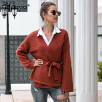 Wrap Knitted Sweaters Women 2020 Fashion V Neck Flare Long Sleeve Pullovers Women Casual Sweaters Black Gray Khaki Brown