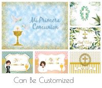 Children My First Holy Communion Blue Photography Backdrop Crucifix Chalice Gold Glitter Personalized Poster Photo Background Bar  Wine Tools