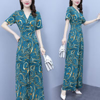 Impression Fashion Women Ele Korean Printing V-neck Short Sleeve Tunic High Waist Wide-leg Jumpsuit