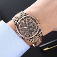 Fashion Luxury Brand High Quality Men Quartz Watches Vintage Flower Pattern Carving Wristwatch Full Stainless Steel Relogio Saat