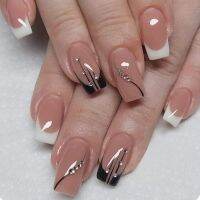 Simple French White Black Short False Nails with Rhinestone Design Fake Nails Press on Nails Acrylic Full Cover Nail Art Tips