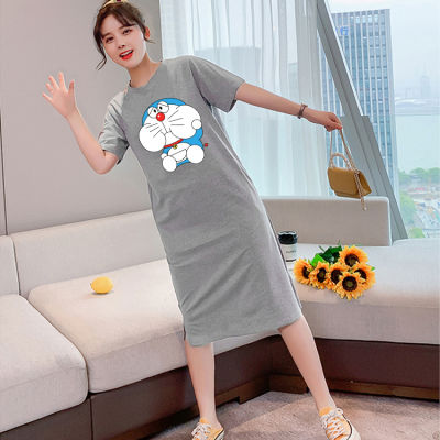 Q266เดรสยาวเสื้อยืดแฟชั่นผู้หญิงสไตล์เกาหลี คอกลมแขนสั้น เนื้อผ้ายืดหยุ่นดี กระโปรงเสื้อยืดทรงสวย แนวหวานสดวัยรุ่นน่ารั