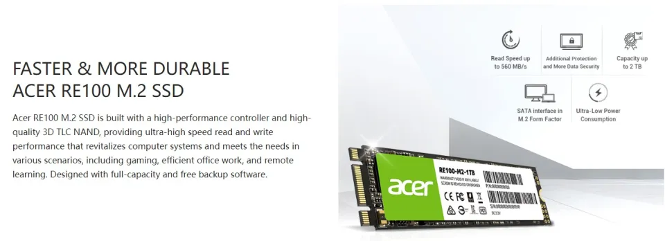 Acer RE100 M.2 SATA SSD for faster reading and writing