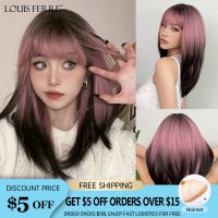 【LZ】►  LOUIS FERRE Black Pink Ombre Synthetic Wigs Long Straight Layered Wigs with Bangs for Black Women Afro Heat Resistant Fake Hair