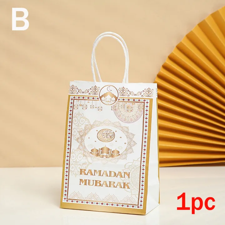 Pcs Gift Bag Ramadan Kraft Paper Bag Muslim Eid Mubarak Golden Tote Bags Lazada Co Th