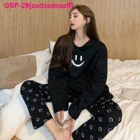 Asdsadsaaff Pijamas De Algodão Feminino Sorriso วัยรุ่นโดเช่ Preto Cinza Roupas Para Ternos Calças Quentes Noite Roupa Dormir Outono NO