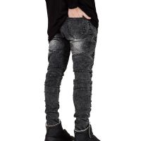 Mens Skinny Biker Jeans เดอร์รี่ Rider รถจักรยานยนต์รันเวย์กางเกงยีนส์บาง Joggers(สีเทา)