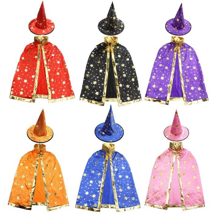 3-12yo Kids Halloween Satin Gold Star Cosplay Costume Witch Cloak Cape Robe Hat 1253437505
