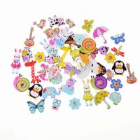 Free shipping 50pcs Random Mixed Decorative Buttons Lovely Buttons 2 Holes Mixed Sewing Wooden Buttons Flatblck Scrapbooking Haberdashery