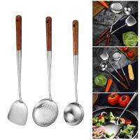 QTCF-3pcs Wok Spatula Spoon Skimmer Ladle Set Durable Stainless Steel Cooking Utensil