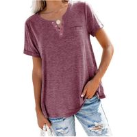 ☽▼  Womens Loose Tees Casual Tops 2023 Summer V-neck Solid Pocket Button Female Short Sleeve T-shirt S-XXXL