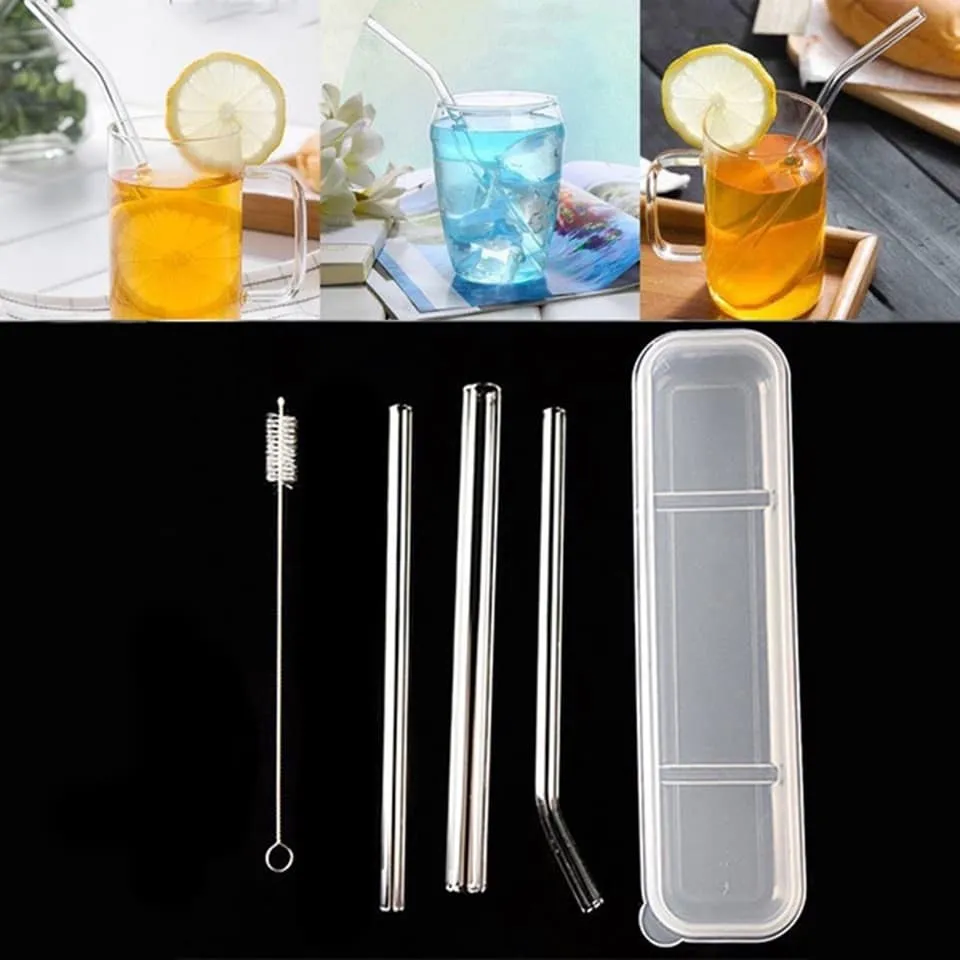 4pcs Creative Bent Glass Drinking Straws + 1pc Cleaning Brush