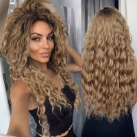 GNIMEGIL Synthetic Long Wave Wig for Woman Natural Brown Wig with Clip Free Part Side Bangs 80s Curly Wigs for Women Ombre Wig