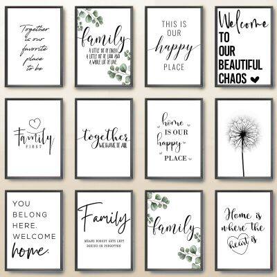 Happy Family Quote Wall Art: Love Heart Print, Nordic Style Canvas Painting, Ideal For Bedroom Decor, Black And White Abstract Design Poster