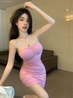 Pink hot spice sleeveless strapless dress with female summer cultivate ones morality show thin little package hip skirt short