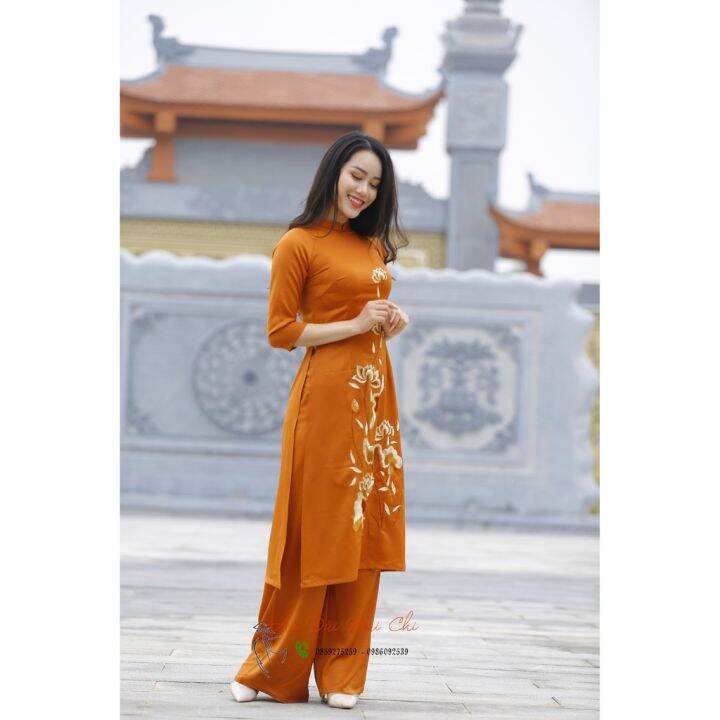 innovative-ao-dai-for-temple-ceremonies-with-embroidered-pattern-2cm-neck-with-missed-sleeves-the-whole-set