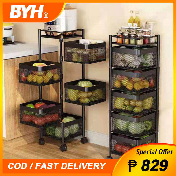 Rotatable kitchen shelf storage rack with wheels installationfree