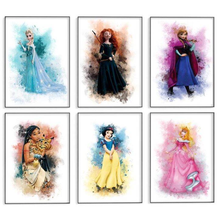 disney-nordic-princess-canvas-art-ภาพวาดสีน้ำ-wall-art-โปสเตอร์และภาพพิมพ์สำหรับห้องนั่งเล่น-cuadros-ตกแต่งบ้าน