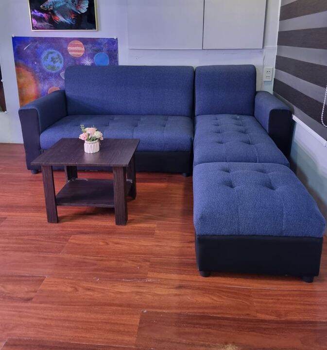 Sala set L shape blue fabric sofa with center table uratex foam cod