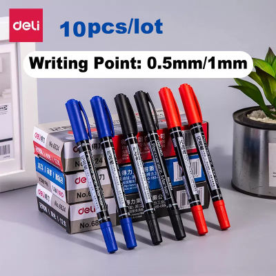 Deli 10 ชิ้น/ล็อตปากกามาร์กเกอร์ถาวร Multicolor Dual Tip 0.5/1.0 mm Nib Black Blue Red Ink Fine Point Waterproof Art Marker Pens-zptcm3861