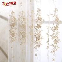 French Gold Rose Embroidered Tulle Curtain Elegant European Transparent Sheer Voile Drapes For Living Room Bedroom Custom Made