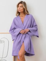 Linad Loose Robes For Women Casual Long Sleeve V Neck Sleepwear Sashes Cotton Bathrobe Female Summer Nightwear Solid Pajamas