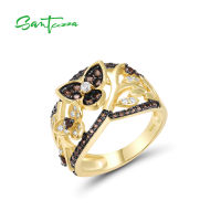 SANTUZZA Genuine 100 925 Sterling Silver Rings For Woman Nano Brown Spinel White CZ Gold Plated Flower Delicate Fine Jewelry