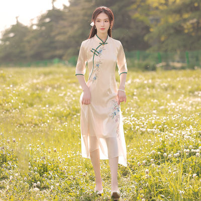 Cheongsam 2022ปรับปรุงผู้หญิง High-End Su Yu ชาเสื้อผ้า Aodai ชาศิลปินเสื้อผ้าอารมณ์ High-End