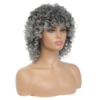 【CW】 Gray Synthetic Wigs Short Blonde Wig Afro Kinky Curly With Bangs