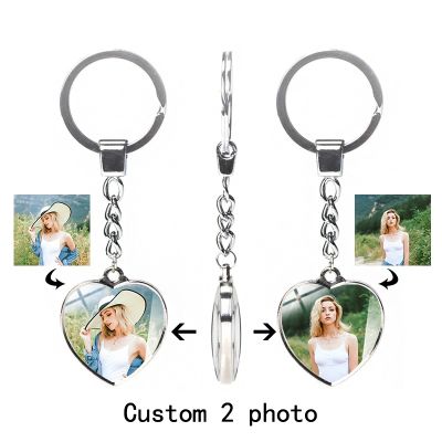【CW】♈❏  Custom keychain with personalized photo sided heart female car family gift fashion crystal glass