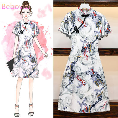 【 CW】Bebovizi 2020 New Vintage Chinese Traditional Casual Party Womens Midi Dress Summer Cheongsam Dresses M-4XL Plu Size