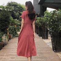 Women Korean V-Neck Short Sleeve Solid A-Line Ruched Dress