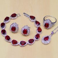 Water Drop Red CZ White Zircon 925 Sterling Silver Jewelry Sets Women EarringsPendantNecklaceRingBracelet