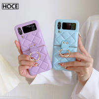 HOCE เคสที่มีห่วงโทรศัพท์เนื้อนิ่มสีล้วนแบบขาตั้งสำหรับ Samsung Galaxy Flip4นิ่มฝาพับ4 3 Z Flip3 5G ตาข่ายสี่เหลี่ยมขนมเปียกปูนเคสกันกระแทกกันรอยนิ้วมือ