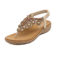 【ready stock】Bohemian style beaded rhinestone buckle with elastic heel and rubber band womens shoes