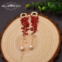 GLSEEVO Handmade Natural Freshwater Pearl Long Dangle Earrings Woman Wedding Birthday Gift Red Coral Classic Jewelry GE1012B