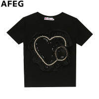 ➦AFEG เสื้อยืดแขนสั้นลาย Love Bead รูปลูกปัดแฟชั่นแขนสั้นคอกลมฉบับภาษาเกาหลี