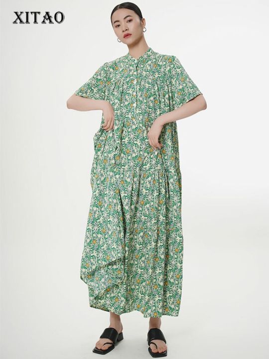 xitao-dress-casual-loose-stand-collar-print-dress
