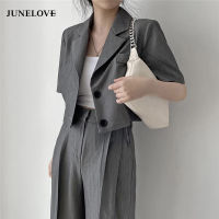 JuneLove Office Lady Blazer Suits Vintage 2 Piece Sets Women Long Sleeve Short Blazer + High Waist Wide Leg Flare Pants Sets