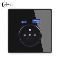 COSWALL Type-C Interface Outlet Full Mirror Crystal Panel Black EU Russia Spain French Standard Wall Socket With USB Charge Port