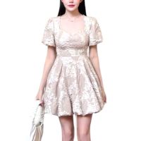 P018-013 PIMNADACLOSET - Scallop Neck Short Puff Sleeve Floral Embossed Mini Dress