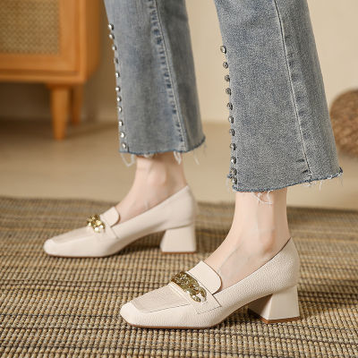 Slip-on High Heel Leather Shoes 2023 Autumn New Square Toe Loafers R and Fashion All-Matching Pumps Women