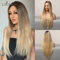 EASIHAIR Long Straight Synthetic Wigs for Women Ombre Brown Golden Blonde Middle Part Heat Resistant Cosplay Wig Natural Hair Wig  Hair Extensions Pad