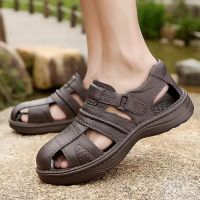 ใหม่ Lelaki Sandal Hitam Kasut Kulit Asli Mens Sandal Flat Musim Panas